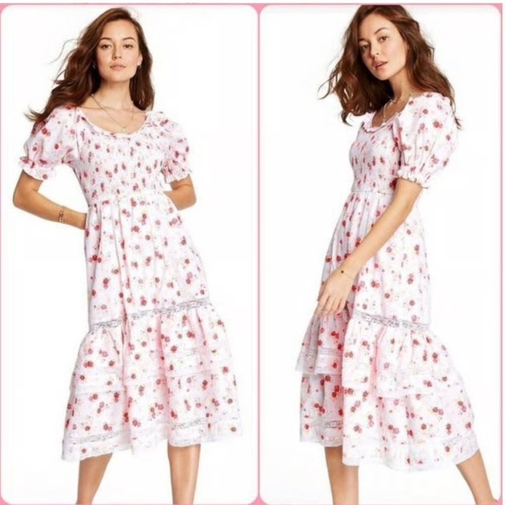 Loveshackfancy by target Charming White and Pink Puff Sleeve Midi Dress